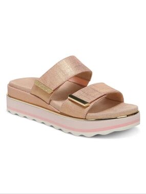 Vionic Women's Brandie Slide Roze Pink Linen Metallic Sandal Size 10
